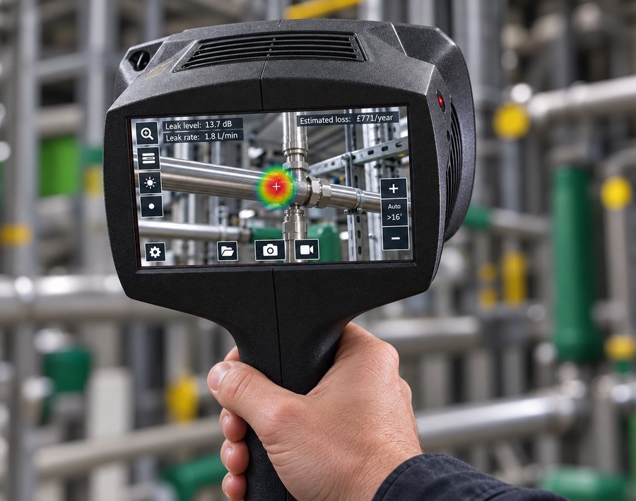 Leak detector screen showing a located leak with its level, rate and estimated annual cost