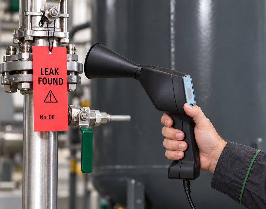 Ultrasonic leak detector pointed at a tagged leak on stainless-steel pipework